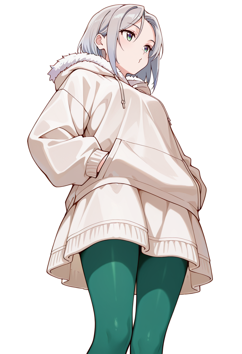 masterpiece,high quality details,absurdres,
 <lora:Nishidera_Nene:0.8> nene_cnr, 1girl, grey hair, short hair,, simple background, white background, from below,solo,, o3o,, zip-up hoodie ,fur-trimmed jacket  ,panel skirt,  ,green pantyhose,