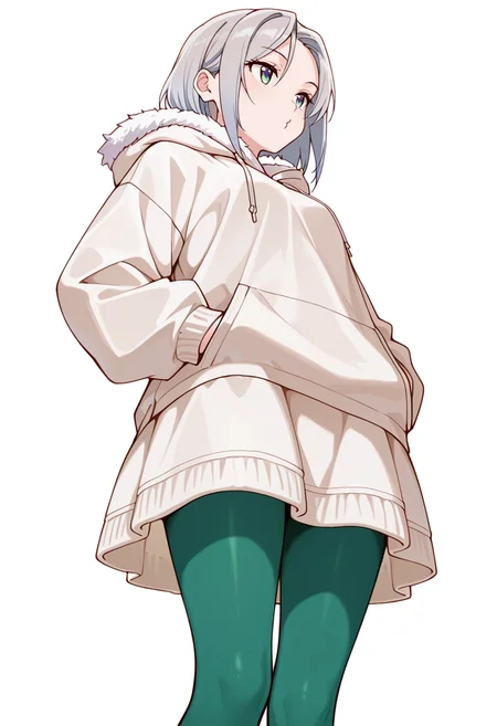 masterpiece,high quality details,absurdres,
 <lora:Nishidera_Nene:0.8> nene_cnr, 1girl, grey hair, short hair,, simple background, white background, from below,solo,, o3o,, zip-up hoodie ,fur-trimmed jacket  ,panel skirt,  ,green pantyhose,
