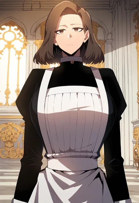 score_9, score_8_up, score_7_up, score_6_up, source_anime, rating_explicit, 1girl, solo, huge breasts, <lora:Gilly Mcrolan prefectPonyxl:0.9> brown hair, medium hair, brown eyes, jem, black dress, white apron, maid apron, long sleeves, puffy sleeves, juliet sleeves, expressionless, mansion, indoors, looking at viewer