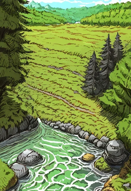 AndroidArtsStyle,
day, forest, landscape, moss, nature, no humans, outdoors, plant, river, rock, scenery, stream, tree, water