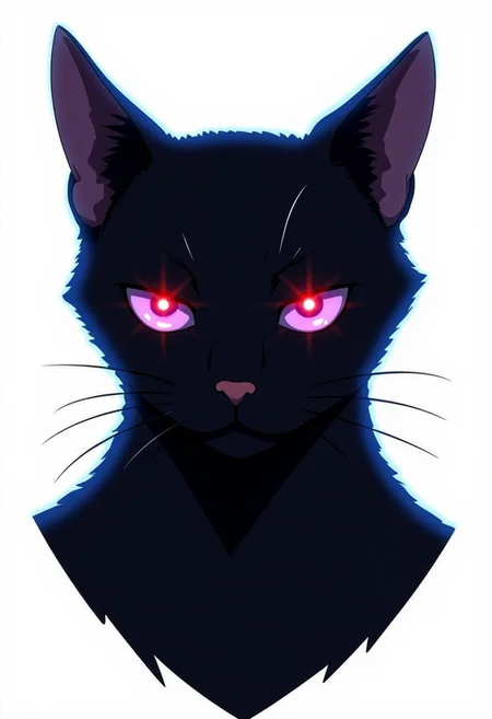 Anime-styled illustration close-up portrait of a domestic shorthair cat. The cat's face and upper body are covered in its natural black fur.
The cat's piercing, almond-shaped eyes are purple with black pupils, with a bright, glowing red light in the center of each pupil which stand out against the black contrast. Its Its ears are perked forward, alert and attentive. The cat's small, pink nose is perfectly centered, providing a subtle touch of color amidst the monochrome design.
Shot against a pure white background, the lighting is dramatic and high-contrast, emphasizing the cat's eyes. The illumination highlights the sleek texture of the cat's short fur and the reflective quality of its eyes.
Every detail is captured with precision: individual whiskers, the subtle variations in the cat's skin texture, and the crisp edges of the painted patterns. The image is composed as a head and shoulder shot, filling the frame with the feline's uniquely adorned face and upper body.
The Cat is highlighted by a faint glowing blue outline around it, indicating that they might be using or preparing to use some sort of power or ability.
C0NTR4CT0R
