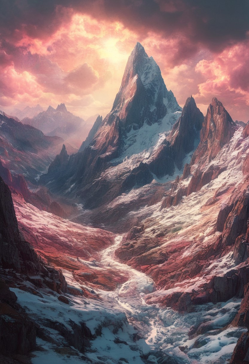 alpine-psychedelic vista, crystalline granite peaks, fractal snow patterns, volumetric light beams, monochromatic reality dissolving into sacred geometry psychedelic ansel adams in color,  harmony, serenity,, best quality, photorealistic, extremely sharp focus, light leaks, unusual colors, abstract multilayer texture, by Abigail Larson , detailmaximizer, midjourneyv6.1,  In the foreground a beautiful young woman looks out over the vista sillouhetted by the scene.