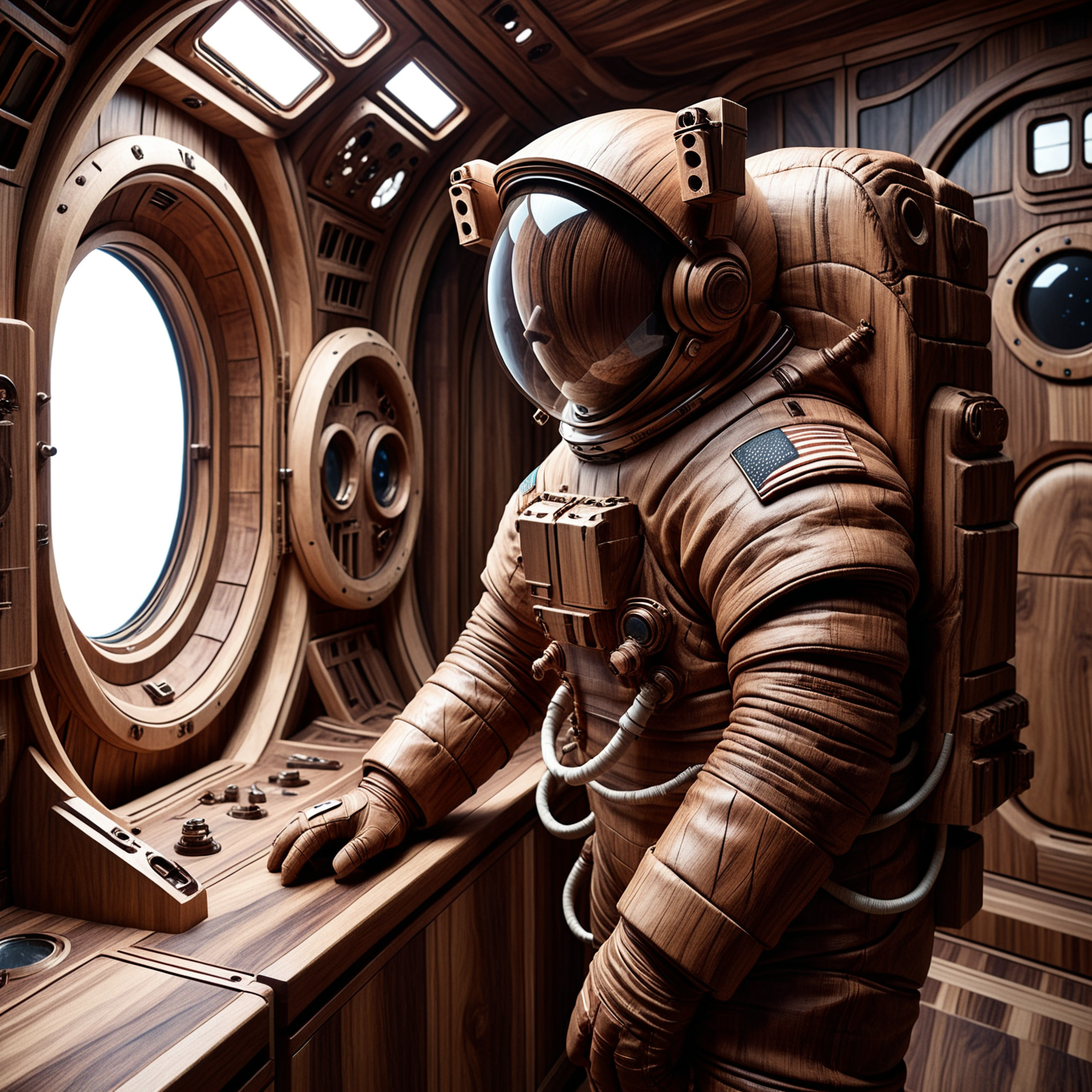 an incredible side view photo of an astronaut wearing a wooden spacesuit, looking out the window of an all wood space station, incredible detail, highest quality, dramatic lighting,