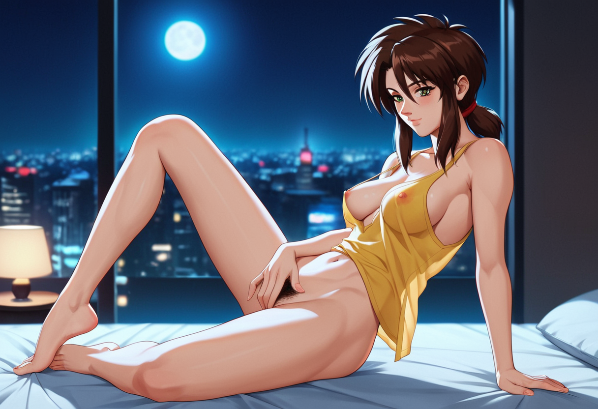score_9, score_8_up, score_7_up, score_6_up, rating_explicit, contrast of cool dark background with warm bright foreground, full color, night, city light, volumetric moonlight, depth of field
neo-tokyo Aesthetic, modern bedroom Aesthetic, Blurry Background, cyber city view, stary night, full moon, light rays, beautiful natural lighting, glow, light,
<lora:Priss Asagiri _ Bubblegum Crisis Tokyo 2040_epoch_10:1>, Priss, sidelocks, retro artstyle, oversize yellow tank top, open shirt, grey underwear,
{petite body, athletic body, medium breasts, perfect round firm tits, medium round perfect tits, (medium Breasts:0.8), long legs, perfect anatomy, perfect face, perfect nose, detailed eyes, beautiful eyes, perfect eyes, perfect breasts, anatomically correct hands:1.3},
cute, side view, from side,
sitting in bed, posing, nipple slip, exposed breast, 1breast out of shirt, see through panties, (pubic hair:1.3), white pillows, white sheets, Tokyo cityscape, city lights, nsfw, (masturbating:1.3), fingers in pussy,