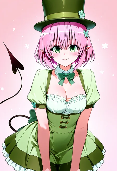 masterpiece, best quality,   ShamrockWorld, 1girl, solo, looking at viewer, blush, smile, short hair, hair ornament, hat, dress, bow, cleavage, medium breasts, closed mouth, green eyes, tail, pink hair, short sleeves, cowboy shot, pointy ears, puffy sleeves, bowtie, medium hair, detached collar, elf, demon tail, green bow, green dress, top hat, green headwear, momo velia deviluke   ,<lora:ShamrockWorld_IXL:1.0>,   <lora:ToLoveRuStyleIXL_v3:1.0>,