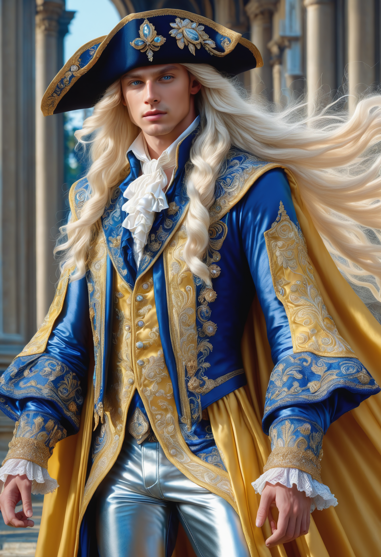 DonMM1yaXL man, baroque Tricorn Hats, Silk Tassels, __clothings/baroque/male/attire/collor-cleavage__, Embroidered Waistcoats, Tassels and Fringe on Breeches, Gemstone Rings,  yellow ochre, wings,DonM3t3rn1tyXL,  <lora:myLora\DonMM1y4XL-v1.1-000008:.8> <lora:released\DonM3t3rn1tyXL-v1.1-000008:.8> <lora:SDXL\DetailedEyes_V3> <lora:myLora\DonMDr4g0nXL-rb>