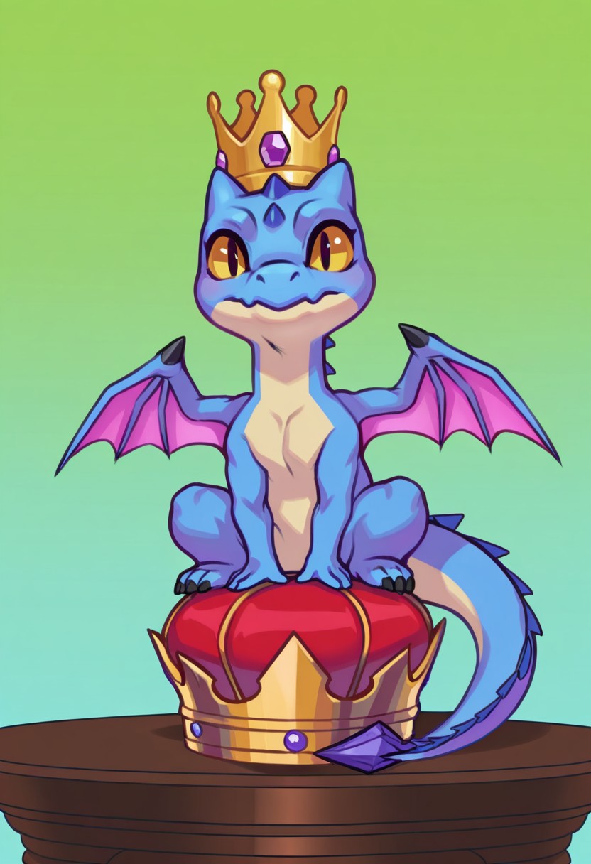 DJco, Crown_(object), cute tiny dragon with a crown sitting on a table, no humans, no characters