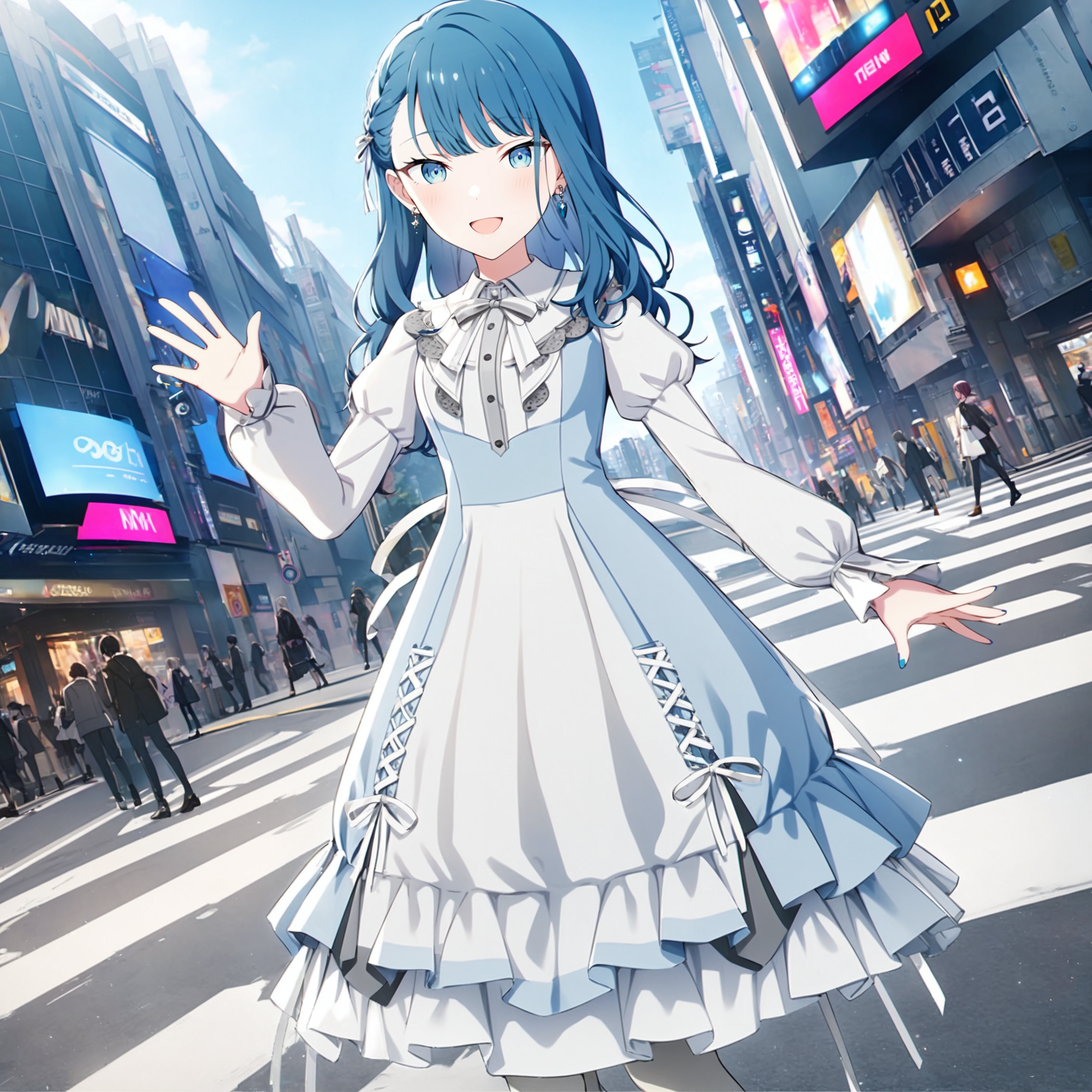 1girl, kiritani haruka, project sekai, masterpiece, very aesthetic, absurdres, official art,
fairladydress, two-tone hair, blue hair, white inner color hair, long hair, braid, swept bangs, perfect hand,
(looking at viewer:1.4), :D, standing, waving, dutch angle, BREAK
white dress, puffy long sleeves, grey pantyhose, hair ornament, frills, white ribbon, frilled dress, hairclip, white pantyhose, white bow, juliet sleeves, 
blue nail, nail polish, earrings, 
Tokyo, Shibuya, intersection, day, sun light, beautiful blue sky, busy street,
 <lora:sdxl-mmj-FairladyDress01:0.9:lbw=0,0,0.2,0.2,0,0.4,0.4,0,0.8,0.8,0,0,0,0.8,0.8,0.6,0.8,0.0,0.0,0.0,0,0,0,0,0,0>