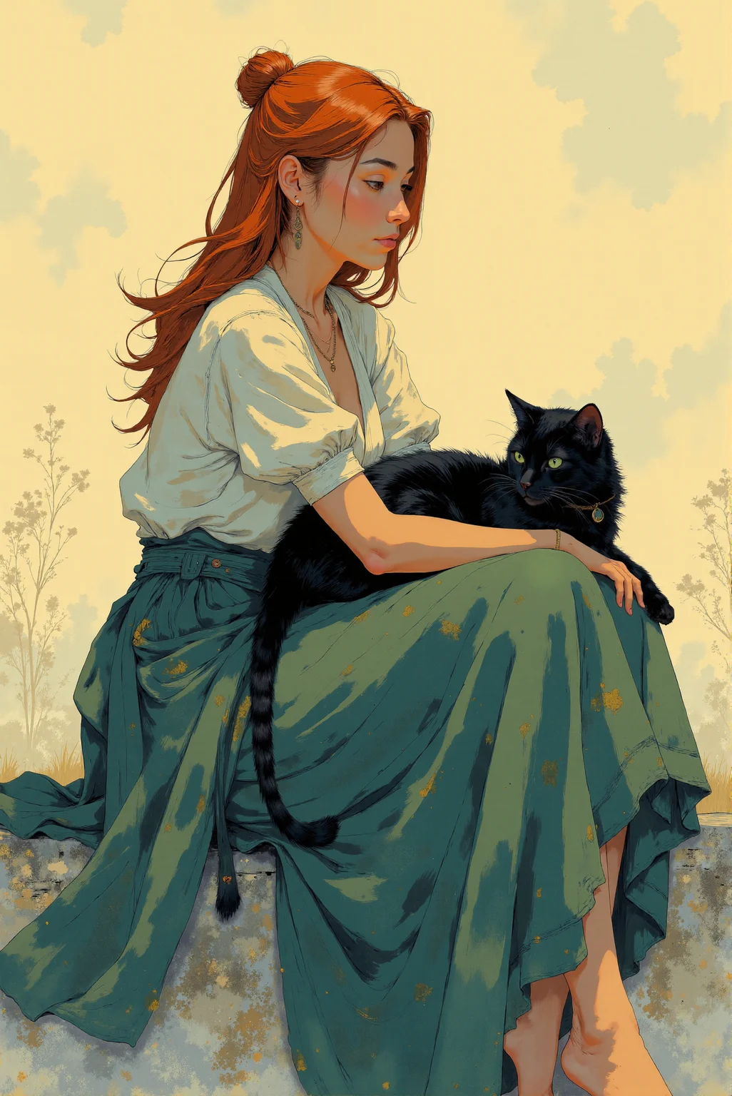 <lora:Fancha_style_v.5:0.75> Fancha style. This digital hyperrealistic painting portrays a moment of quiet contemplation, featuring a mediterranean woman seated gracefully with a majestic black cat resting beside her. She is dressed in an elegant summer dress, its luxurious folds rendered in rich, flowing shades of deep blues, greens, and muted purples that cascade down around her. Her posture, with her head resting thoughtfully and her gaze directed off to the side, suggests introspection. She has long, glossy, flowing red hair. The dress's fabric, particularly around her waist and lap, is detailed with delicate, swirling patterns, reflecting a soft, intricate design that contrasts beautifully with the broader, more fluid brushstrokes used throughout the composition. The background is a dreamlike blend of pastel colors—soft golds, creams, and touches of violet—that melt together, creating an abstract yet warm atmosphere that surrounds her. This hazy, diffused backdrop enhances the woman's solitude and introspective mood, without drawing attention away from her. The black cat with sleek, glossy fur, lying relaxed, slightly angled towards the viewer, adds a narrative element to the painting, suggesting a reflective moment after an emotional performance. The soft, impressionistic style of the brush-work around the cat and the fabric creates a sense of lightness and movement, as if the scene captures a fleeting, delicate moment in time. Her expression is serene yet distant, with a gentle smile, emphasizing the calm stillness of the scene. The lighting is subtle and diffuse, casting a gentle glow on her skin and the folds of her dress, enhancing the softness of the overall composition. The painter's technique, blending fine details with looser, expressive strokes, lends the painting an ethereal quality, as though the subject is wrapped in a moment of personal reverie, suspended in time and space. The overall mood is one of calm reflection, balanced by the elegance of the woman and the quiet presence of the cat, evoking a harmonious blend of music, emotion, and artistic serenity.