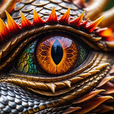 Macro view of a dragon's eye, scales reflecting intricate patterns, fiery hues embedded within, intense gaze conveying ancient wisdom and ferocity, 100mm f/2.8 macro lens, mythical brilliance, 8K resolution.