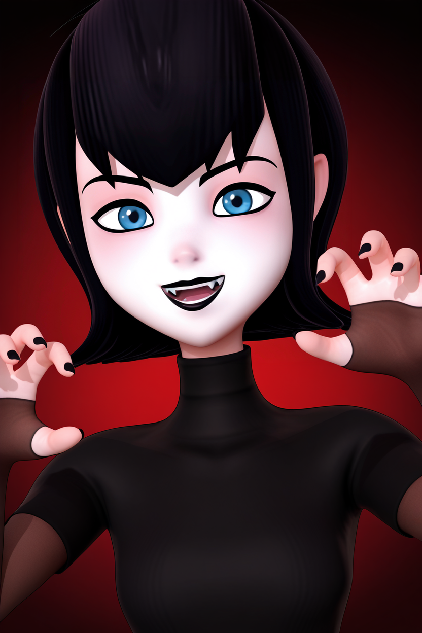 score_9,score_8_up,score_7_up BREAK 3d,  skudd style, mavis, 1girl,solo, pale skin, blue eyes,black hair, portrait, close-up,dutch angle,black dress, turtleneck, maroon bridal gauntlets, vampire, claw pose, looking at viewer,smile,black lips, open mouth, hands up, black nails, white skin,long fingernails, frown, dark red background, black background, short hair, sharp fingernails,    <lora:MerulaMavisPony:1>