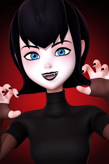 score_9,score_8_up,score_7_up BREAK 3d, skudd style, mavis, 1girl,solo, pale skin, blue eyes,black hair, portrait, close-up,dutch angle,black dress, turtleneck, maroon bridal gauntlets, vampire, claw pose, looking at viewer,smile,black lips, open mouth, hands up, black nails, white skin,long fingernails, frown, dark red background, black background, short hair, sharp fingernails, <lora:MerulaMavisPony:1>