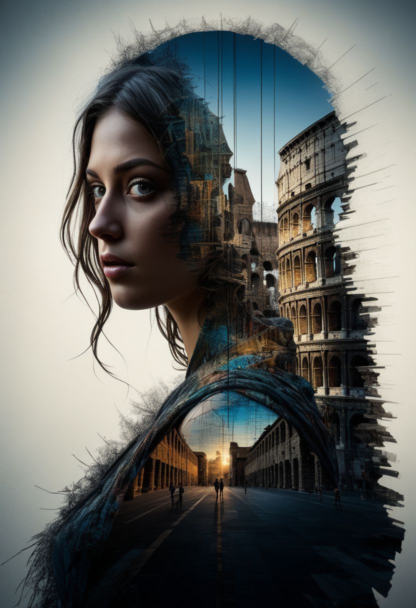 mysterious silhouette italian woman, colloseum, goddess, alluring, by Minjae Lee, Carne Griffiths, Emily Kell, Steve McCurry, Geoffroy Thoorens, Aaron Horkey, Jordan Grimmer, Greg Rutkowski, amazing depth, double exposure, surreal, geometric patterns, intricately detailed, bokeh,  perfect balanced, deep fine borders, artistic photorealism , smooth,  great masterwork by head of prompt engineering   <lora:add-detail-xl:2>  <lora:Double_Exposure:0.5>