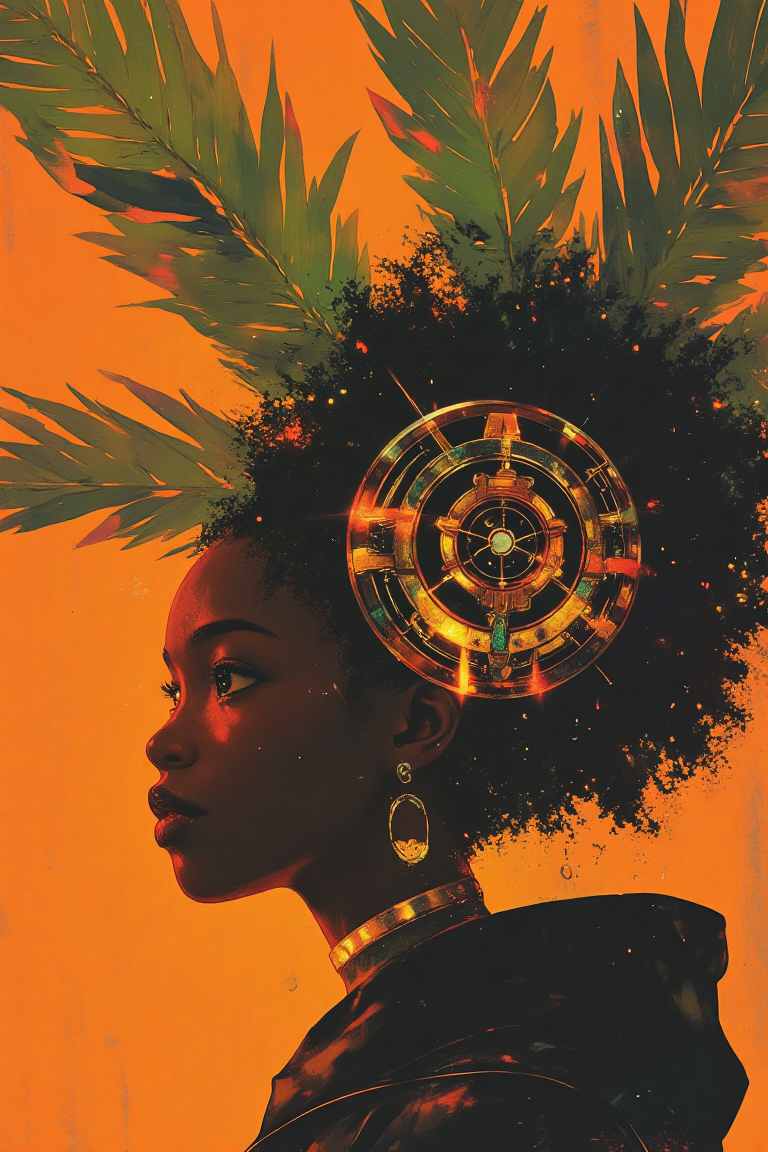 Divine African Priestess: A striking close-up portrait of an African woman with ebony skin and defined, regal features, wearing a headdress made from Palm fronds arranged in intricate patterns, enhanced by glowing Adinkra symbols from West Africa. The headpiece radiates with soft golden light, casting a warm glow on her dignified face, while the oversized Banana leaf in the frame is covered in vivid, glowing Adinkra patterns. These intricate, symmetrical symbols, filled with fiery red and orange accents, subtly pulse with light, emphasizing the woman's serene expression. The warm ochre background adds richness and depth, perfectly complementing the radiant organic textures. High quality rendering, 8K.