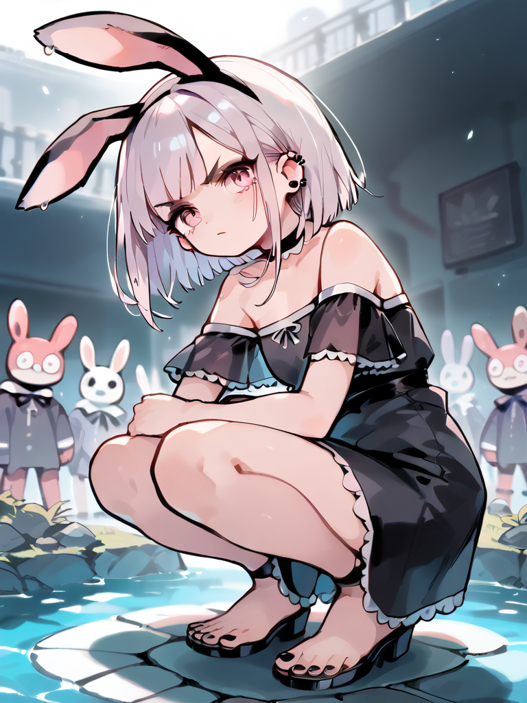 (score_9,score_8_up,score_7_up:1), 1girl, full body,(<lora:fallenshadowponyxl:0.8> fallenshadow1,  medium hair, pink eyes, flat chest) low dutch angle, low lighting, angry, bunny ears (milf), white hair,choker, eyeshadow, (white rough skin), (Squatting), loud pond, (black fancy dress, white trim, goth), <lora:Eldritch_Universe_Style:1>