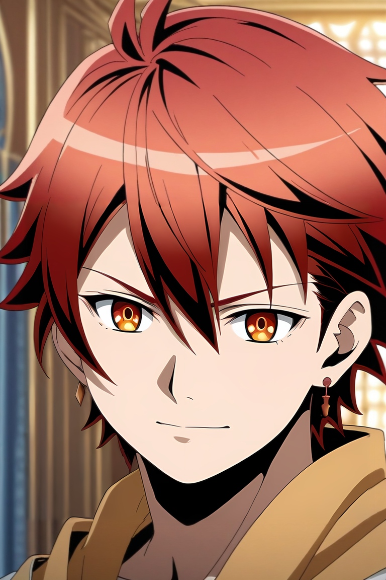 score_9, score_8_up, score_7_up, source_anime, rating_safe, intricate details, , looking at viewer, , 1boy, solo, male focus, <lora:akane_divine_gate_pony:0.88>, akane_divine_gate, red hair, orange eyes, short hair, hair between eyes, earrings, close-up, disneyland, indoors, dark, holding object, smirk, , <lora:sdxl_lightning_8step_lora:1>