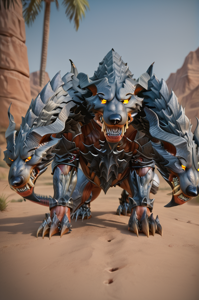 source_furry, score_9, score_8_up, score_7_up, (cerberus_xv, monster, feral), orange skin, detailed skin, armored, (((((three heads))))), yellow eyes, glowing eyes, detailed eyes, sharp teeth, claws, tail, <lora:FF_CerberusPony10:0.9>, outdoors, desert, front view, look at viewer, looking angry, all fours, hands on ground, zPDXL2, zPDXLpg, zPDXLrl, shaded, best quality, highly detailed, extreme detail, photorealistic