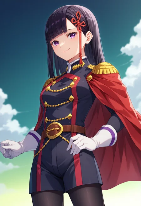score_9, score_8_up, score_7_up, source_anime,
BREAK
1girl, solo,
<lora:shiRenYamishiroAnimeV1:1>, mangastyle,
shirenyamashiro, long hair, black hair, purple eyes, blunt bangs,
military uniform, white gloves, red cape, belt, epaulettes,
black pantyhose,
looking at viewer, smile, closed mouth,