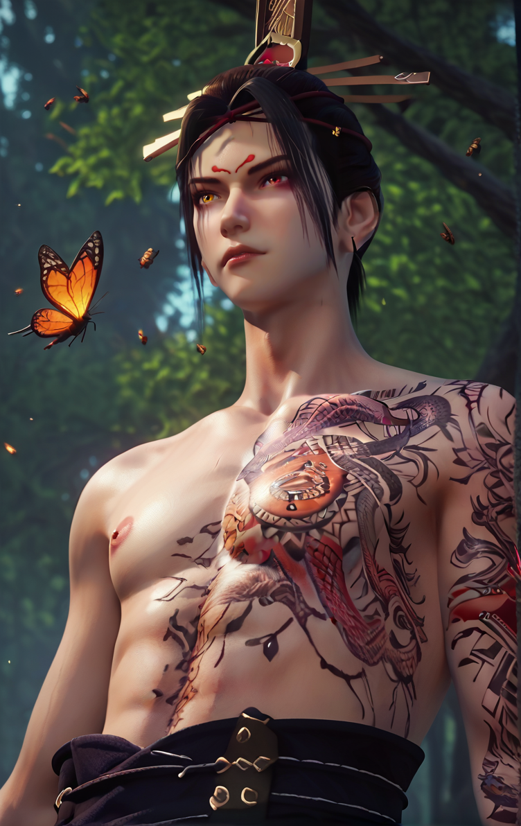 score_9,score_8_up,score_7_up,rating_explicit,1boy,li_maozhen,tattoo,male focus,solo,heterochromia,black hair,topless male,red eyes,nipples,bug,tree,upper body,nature,yellow eyes,hair ornament,outdoors,, Belt,<lora:Limaozhen:0.8>