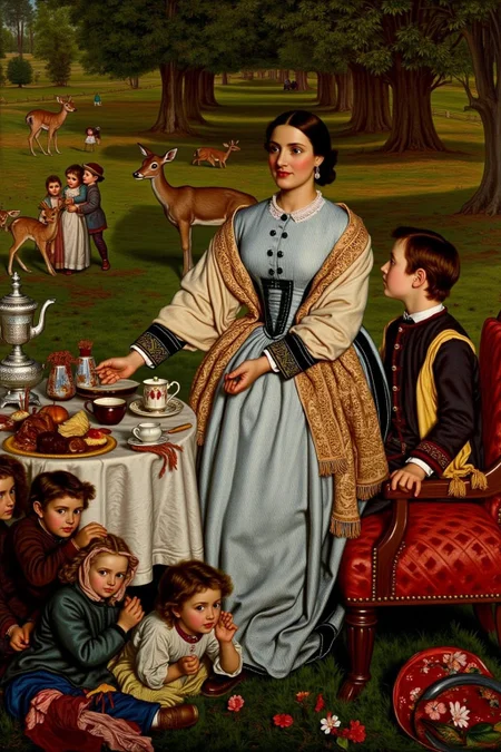 williamhhunt1 painting.
An outdoor Victorian tea party scene. A woman stands in a pastoral setting, wearing a light blue dress with a cream-colored bodice and a flowing, intricately patterned shawl draped over her shoulders. A bonnet sits on her head. To her right, a young boy sits on a red upholstered chair, looking at her.
There are two small children under the table. In the background, two children and two deer are walking by.
<lora:williamhhunt1_cap_d6a3e9:1.0><lora:838055957771813680:0>