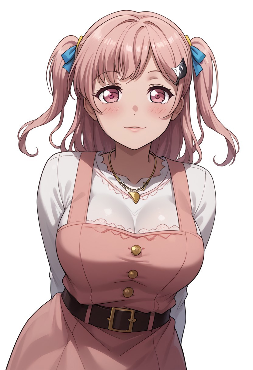 score_8_up, score_7_up, score_6_up,core_5_up, score_4_up,, solo, 1girl,,source_anime,,masterpiece,mogudan,,best quality,,amazing quality,large_breast,1girl,<lora:Hiromachi_Nanami:1.0> nanami, pink hair,long hair,close moutch, two side up, pink eyes,cat hair ornament ,blush
hairclip,adorable personality, ,quiet girl,cheerful,blushing,shiny skin,simple background, shirt,  white background, dress, ribbon, jewelry, white shirt belt, , necklace, dated,, leaning forward, arms behind back, pink dress, pinafore dress,large breast