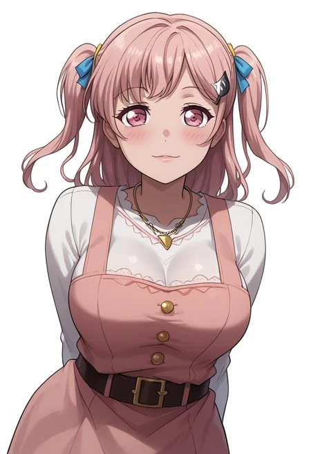 score_8_up, score_7_up, score_6_up,core_5_up, score_4_up,, solo, 1girl,,source_anime,,masterpiece,mogudan,,best quality,,amazing quality,large_breast,1girl,<lora:Hiromachi_Nanami:1.0> nanami, pink hair,long hair,close moutch, two side up, pink eyes,cat hair ornament ,blush
hairclip,adorable personality, ,quiet girl,cheerful,blushing,shiny skin,simple background, shirt, white background, dress, ribbon, jewelry, white shirt belt, , necklace, dated,, leaning forward, arms behind back, pink dress, pinafore dress,large breast