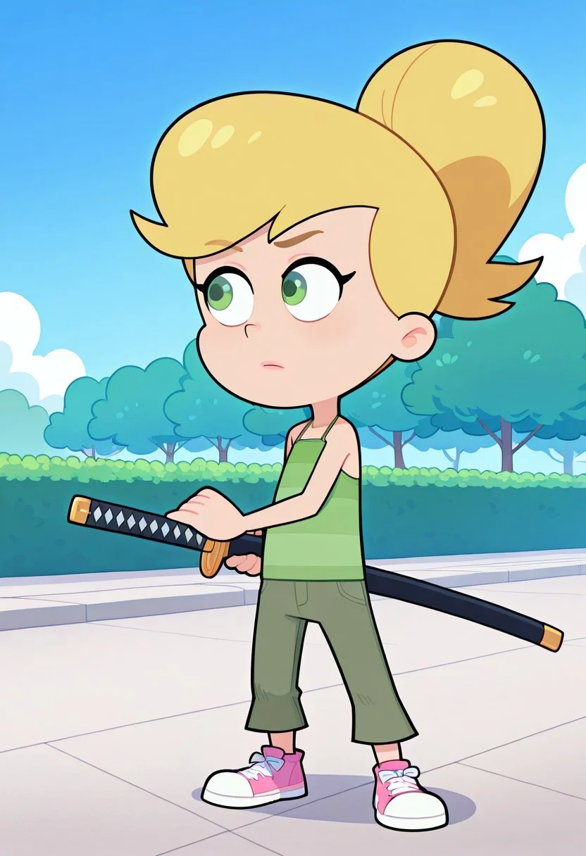 official art, masterpiece, best quality, absurdres, 1girl, female focus, FoP_S, CAV_JN, green eyes, blonde hair, ponytail, high ponytail, center-flap bangs, asymmetrical bangs, CAV_TDef, halter shirt, sleeveless shirt, striped shirt, green shirt, jeans, green jeans, capri pants, pink footwear, sneakers, iaidou,weapon, katana, holding sword, ready to draw, sheathed, unsheathing, scabbard,outdoors, sidewalk