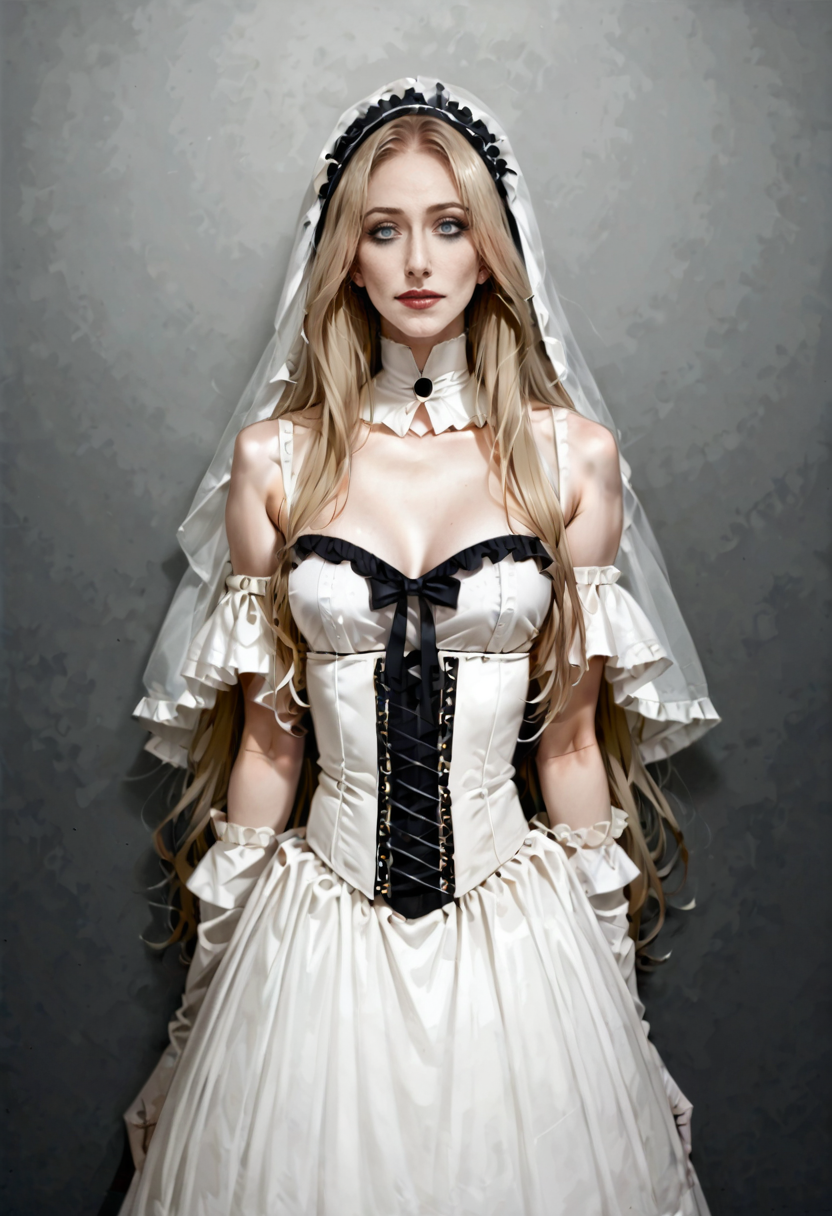 <lora:CelinePXL-2:1> CelinePXL-2, solo, Victorian ghost costume with a high-neck lace dress (ethereal, haunting, vintage)
Pale gloves, a tattered veil, and vintage-inspired boots
Pale makeup with ghostly white face powder, dark hollowed eyes, and a light grey lipstick, <lora:DetailedEyes_V3:1>, halloween party, eyes_closed