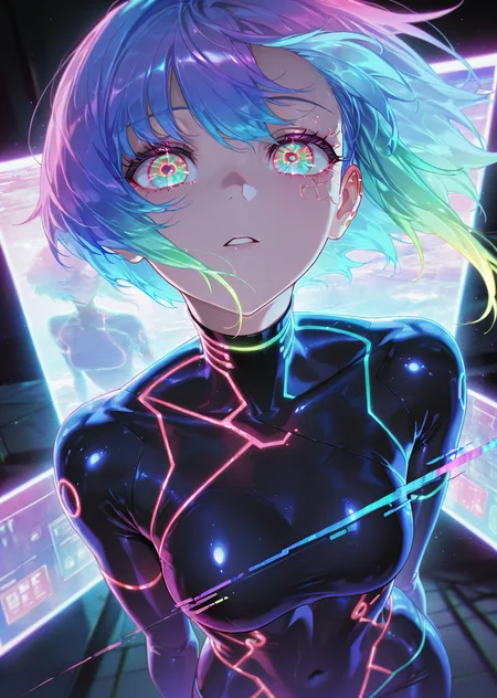 masterpiece, best quality, amazing quality, very aesthetic, absurdres, newest, (scenery, volumetric lighting),
eye_focus,
1girl, solo, cyberpunk anime eyes, digital glitch effects inside irises, pixelated reflections, holographic shifting colors, neon pink-blue-green gradient, hyper-detailed cyber interface patterns, screen distortion details, synthetic eyelashes, futuristic lighting, soft neon glow, sci-fi inspired high-tech design, anime digital aesthetic, ultra-HD detailing, smooth shading, vaporwave-inspired atmosphere
,masterpiece, best quality, amazing quality, very aesthetic, absurdres, newest, (scenery, volumetric lighting),
, <lora:eye_focus_illus:0.8>,