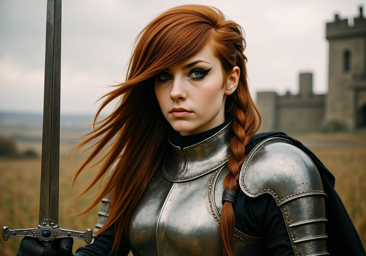She has a distinctive 2000s scene/emo haircut: thick, sharply angled bangs that sweep across one eye, with long layered strands and long sidelocks that drape in front of her shoulders. Her eyes are framed by bold black winged eyeliner.A European woman with flowing auburn hair braided intricately down her back, wearing a gleaming suit of silver plate armor, stands at the gates of a besieged castle, her emerald green eyes locked onto the horizon where enemy forces gather, a longsword held steady in her gauntleted hand, its hilt adorned with sapphires, as the wind sweeps through the battlefield, carrying the smell of smoke and ash from the burning village below, while the distant sound of clashing steel and the cries of soldiers echo through the cold autumn air, her cape billowing behind her as she takes a deep breath and prepares for the charge.<lora:2000s_Scene_Emo_Hair.safetensors:1.0:1.0>