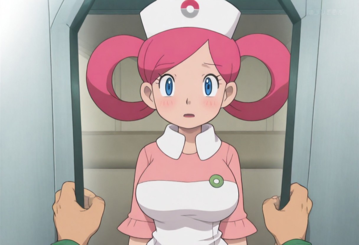 possmach,Nurse joy,blue eyes,pink hair,large breasts, nurse costume,style, masterpiece,best quality,good quality,
Nurse joy's clothes being pulled off by Brock, pov,