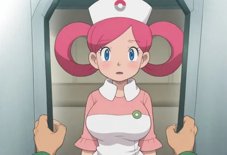 possmach,Nurse joy,blue eyes,pink hair,large breasts, nurse costume,style, masterpiece,best quality,good quality,
Nurse joy's clothes being pulled off by Brock, pov,