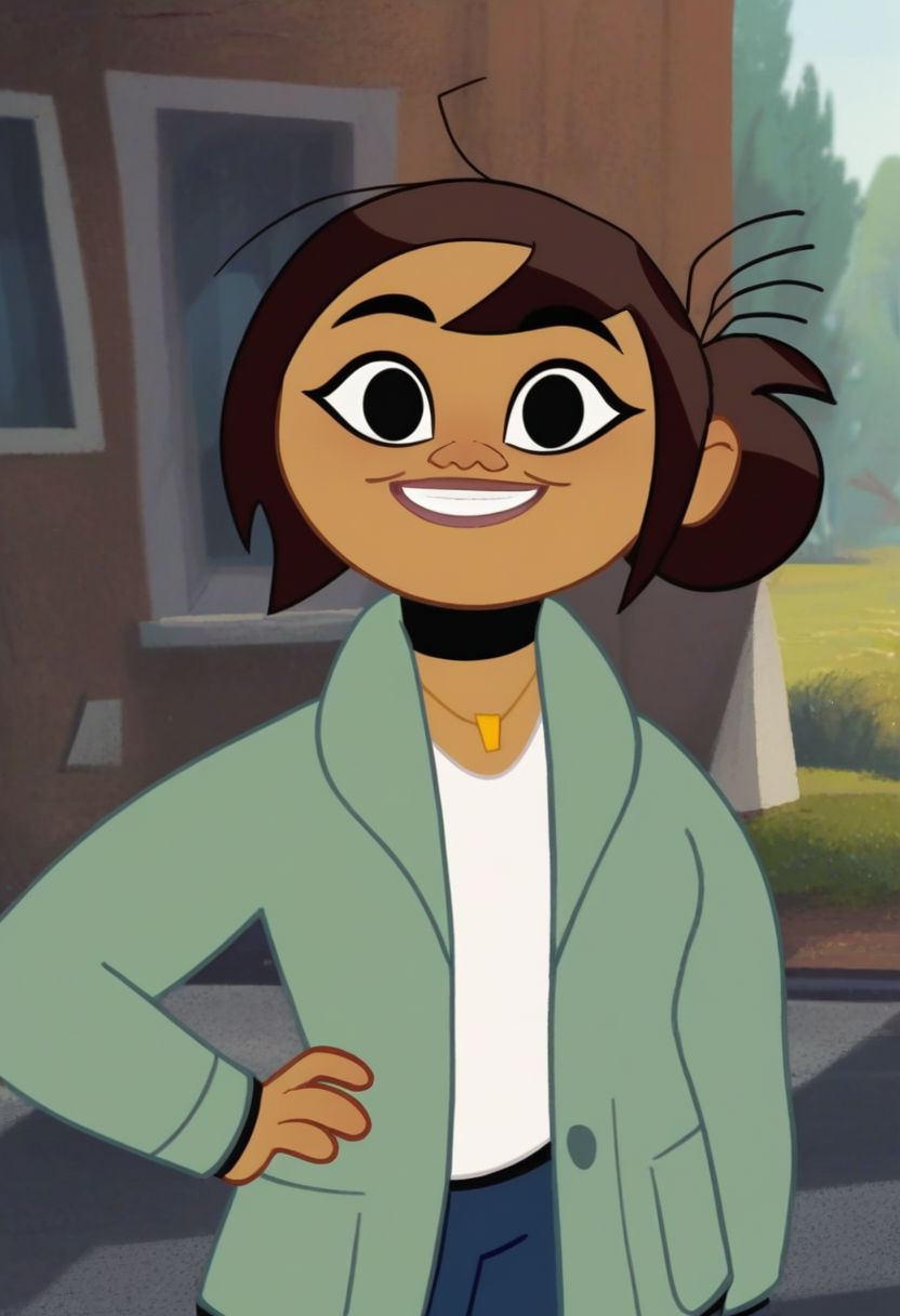 Sharon,brown hair,hair bun,white shirt,green jacket, black eyes, choker, outdoors, hand on hip, looking at viewer, smile, score_9 score_8_up score