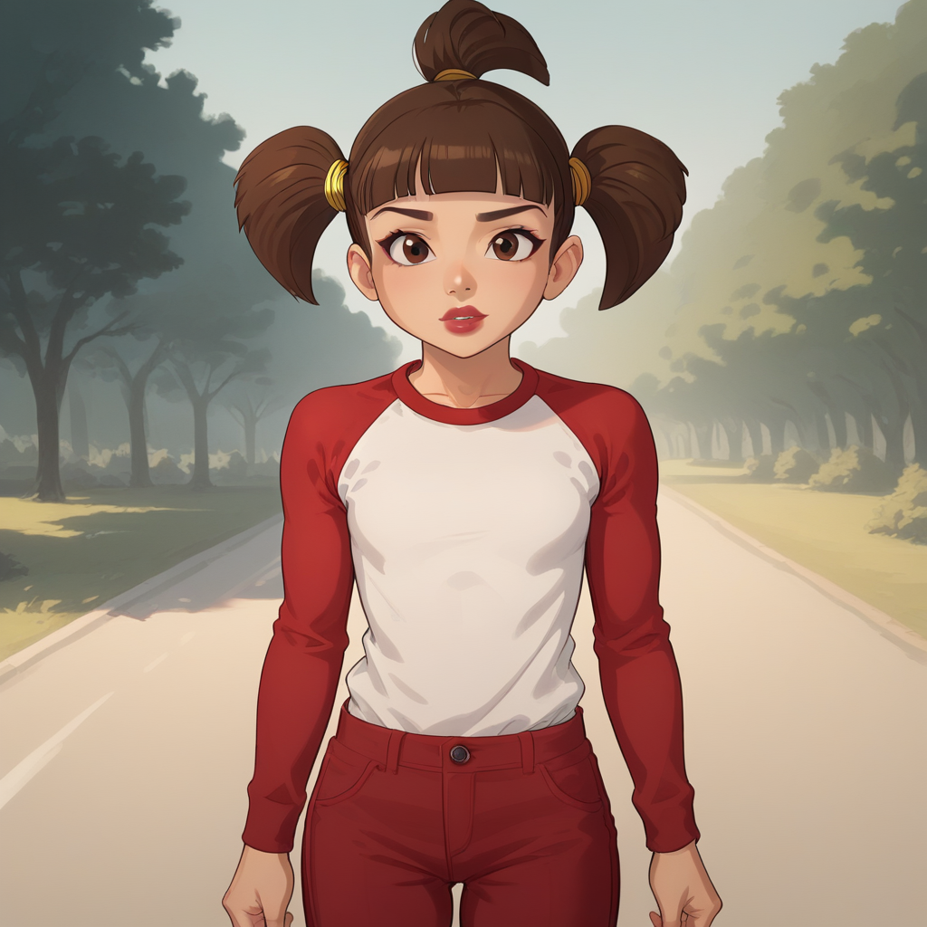 score_8_up, BREAK, 1girl , solo, Trixie, brown hair, tri tails, brown eyes, blunt bangs, lipstick, white shirt, red raglan sleeves, red sleeves, untucked shirt, red pants, cowboy shot, <lora:Trixie_LazyTown_PXL_Leaf1v2:0.8>, outdoors,