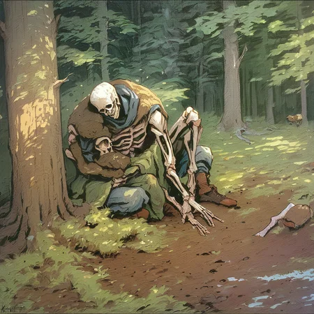 score_9, score_8_up, score_7_up, <lora:KittelsenStyleBeta1122:1>, kittelsen style, traditional media, 1 human skeleton sitting against tree, outdoors, forest, dirt road