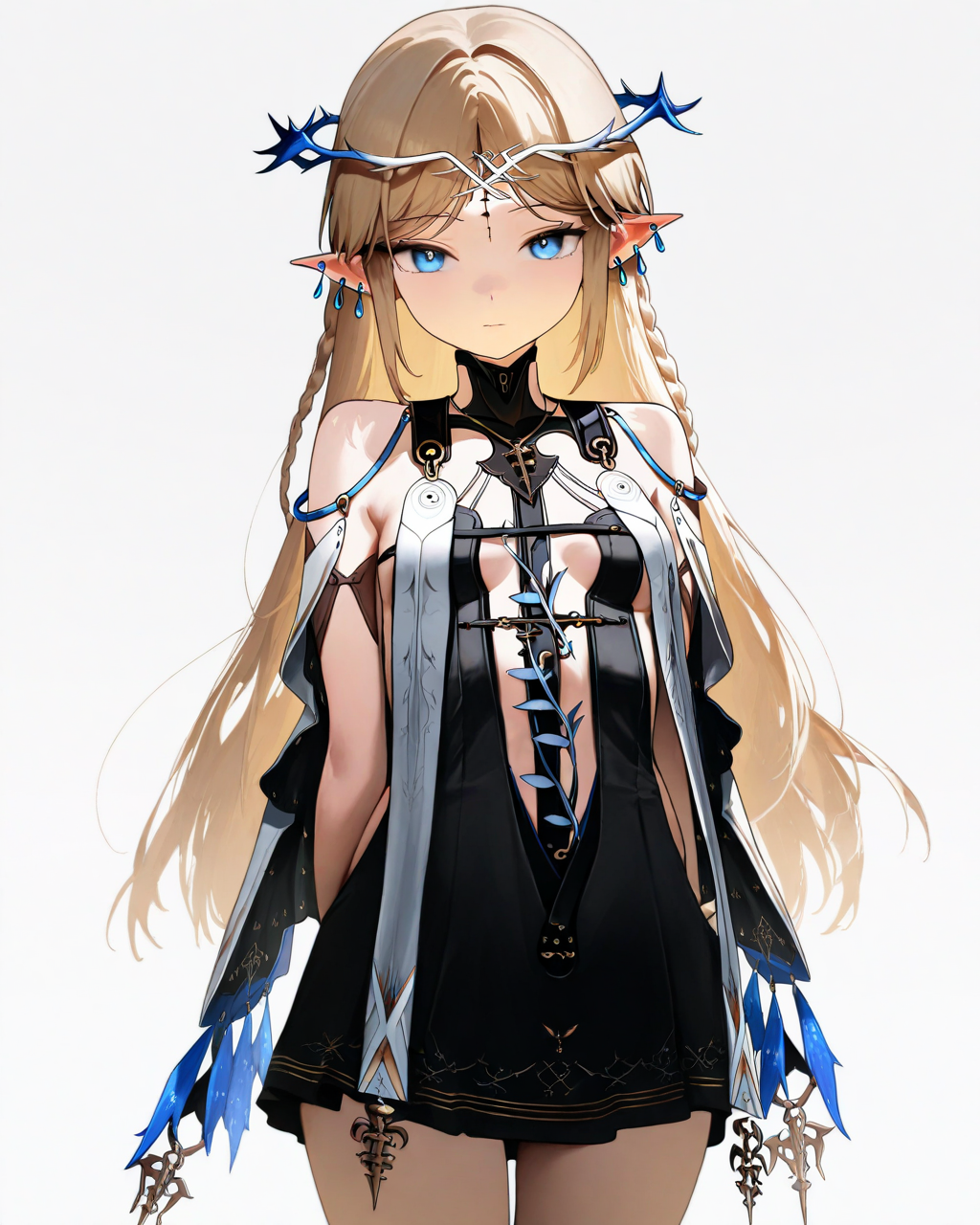 <lora:nyalia_NoobXL:0.7>,<lora:cartethyia_noob:1>,masterpiece,best quality,amazing quality,cartethyia,cartethyia,1girl,solo,white background,simple background,looking at viewer,small breasts,short dress,black dress,bare shoulders,earrings,