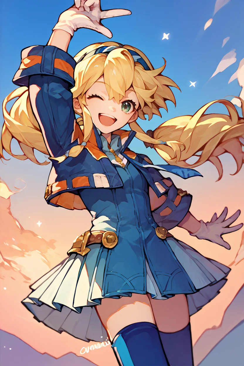 score_9, score_8_up, score_7_up, score_6_up, source_anime, 1girl, solo, <lora:clarissaarwin-pdxl-nvwls-v1-000005:1> clarissa arwin, blonde hair, hairband, twintails, blue jacket, white gloves, pleated skirt, blue thighhighs, wink, arm up, blue sky, sunset, happy, open mouth
