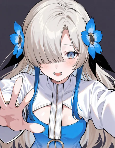 1girl, isekaijoucho, isekai joucho,
blue hair flower, gray wavy long hair, hair over one eye, multicolored hair, white blue two-tone dress, blue white gradient dress, puffy long sleeves, white pantyhose, high heel boots,
reaching, reaching towards viewer, outstretched arms, close-up, portrait, pov, foreshortening, yandere, (empty eyes), blush, yandere trance, seductive smile, looking down,
masterpiece, best quality, very aesthetic, safe,
<lora:neg4all_bdsqlsz_xl_V91:1>, <lora:Isekaijoucho_anmgn31_D-B:0.6>