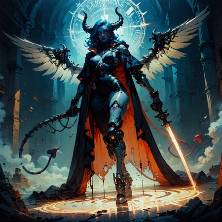 (score_9, score_8_up, score_7_up), (neon lights, cypberpunk, egyptian city, thick lineart, sharp edges),
BREAK
dutch angle full body, solo, 1women, seductive blue eyes, blue hair, sly grin, dark-skinned female, curved ram horns, ,epic, gothic, radiant light rays, (solo), demon girl, demon horns, armor, chainmail, holding sword, cloak, demon wings, ornaments, windy, delicate and smooth skin, blush, perfect body, thighs, highly detailed, glossy lips, female focus, demones, robot, cyborg , android, mechanical arms, cyborg, robot joints, mechanical parts, tube, spine, cybernetic neck, bionic torso, bionic skin, massive wings, angel wings, gown, shroud,
BREAK
witch, magician, casting spell, magical energy, magic circle,
BREAK
grim, dark atmospher, science fiction, world
<lora:Concept Art Twilight Style SDXL_LoRA_Pony Diffusion V6 XL:0.8> <lora:Bad_Hands_lora:0.8> <lora:add-detail-xl:0.8> <lora:GN_v1.4:0.8>