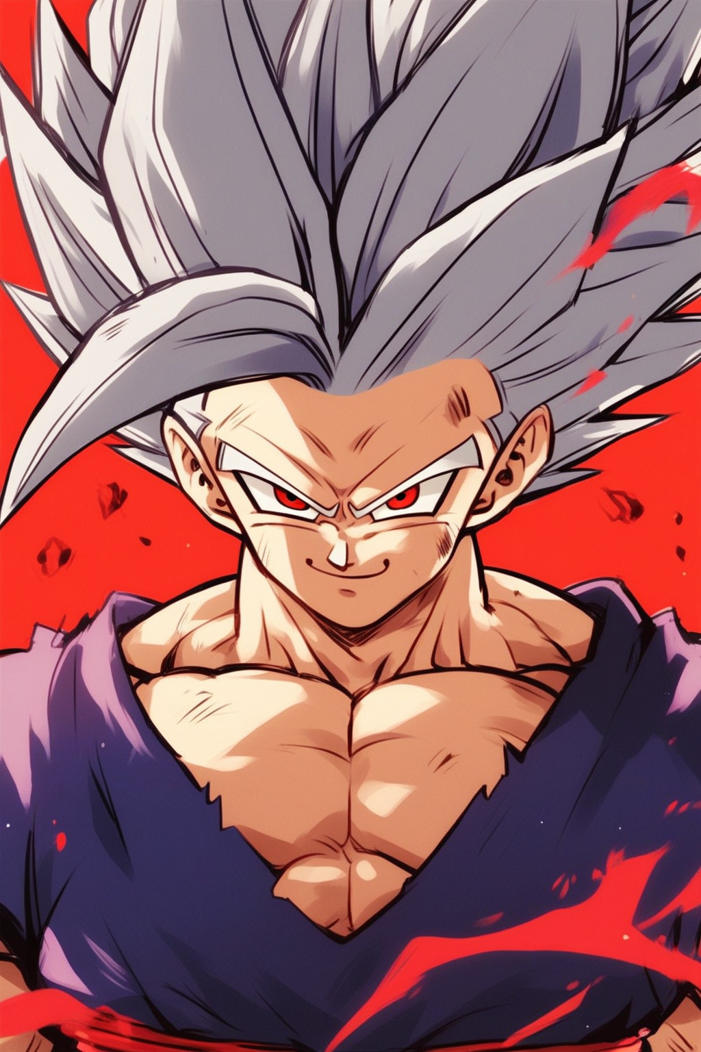 <lora:Gohan_Beast_pony:1> gohan_beast, male focus, 1boy, solo, spiked hair, muscular, red eyes, dougi, grey hair, muscular male, aura, smile, score_9, score_8_up, score_7_up, score_6_up, score_5_up, score_4_up