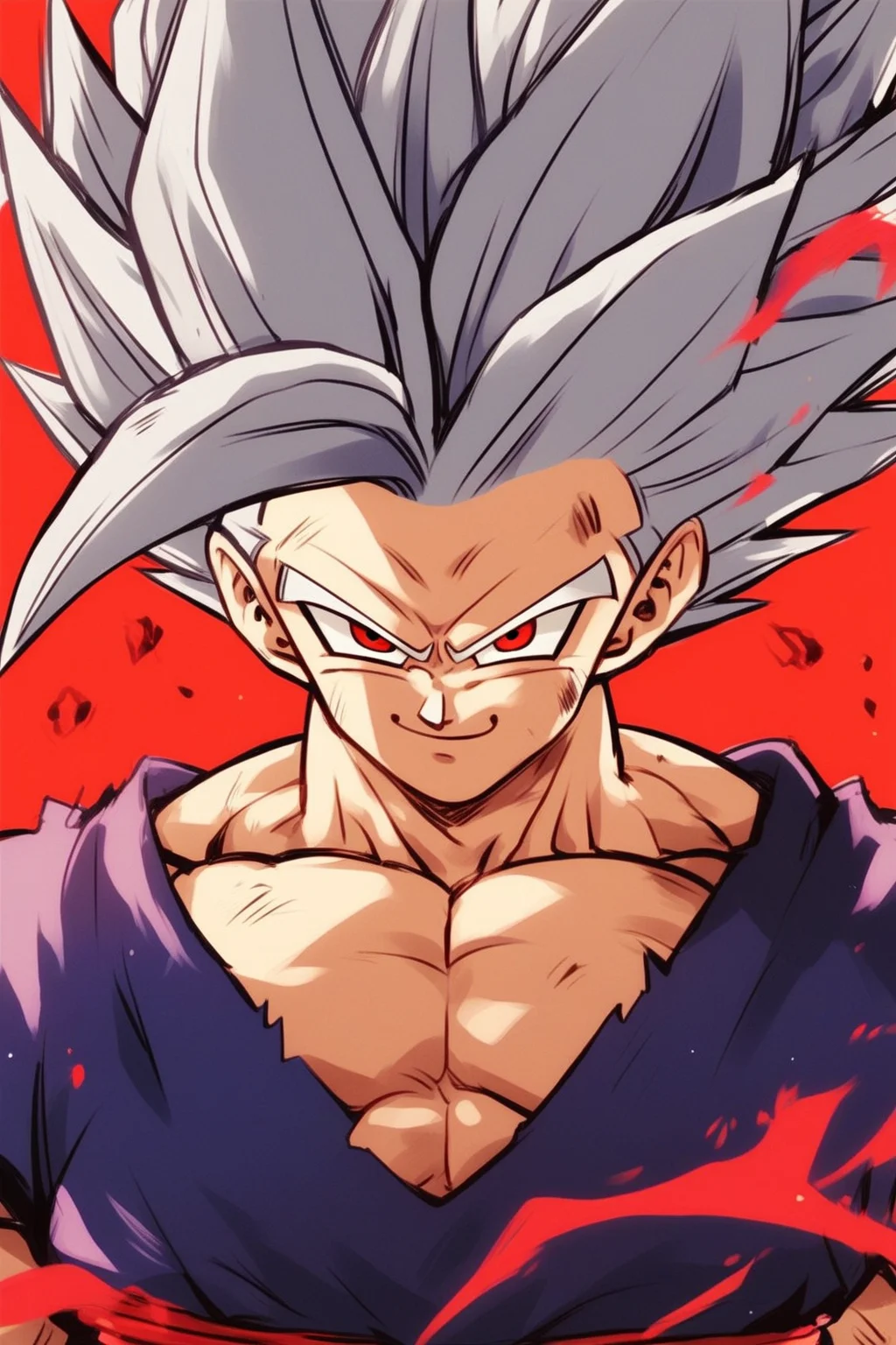 <lora:Gohan_Beast_pony:1> gohan_beast, male focus, 1boy, solo, spiked hair, muscular, red eyes, dougi, grey hair, muscular male, aura, smile, score_9, score_8_up, score_7_up, score_6_up, score_5_up, score_4_up