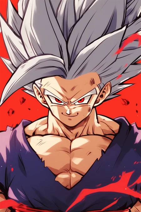 <lora:Gohan_Beast_pony:1> gohan_beast, male focus, 1boy, solo, spiked hair, muscular, red eyes, dougi, grey hair, muscular male, aura, smile, score_9, score_8_up, score_7_up, score_6_up, score_5_up, score_4_up