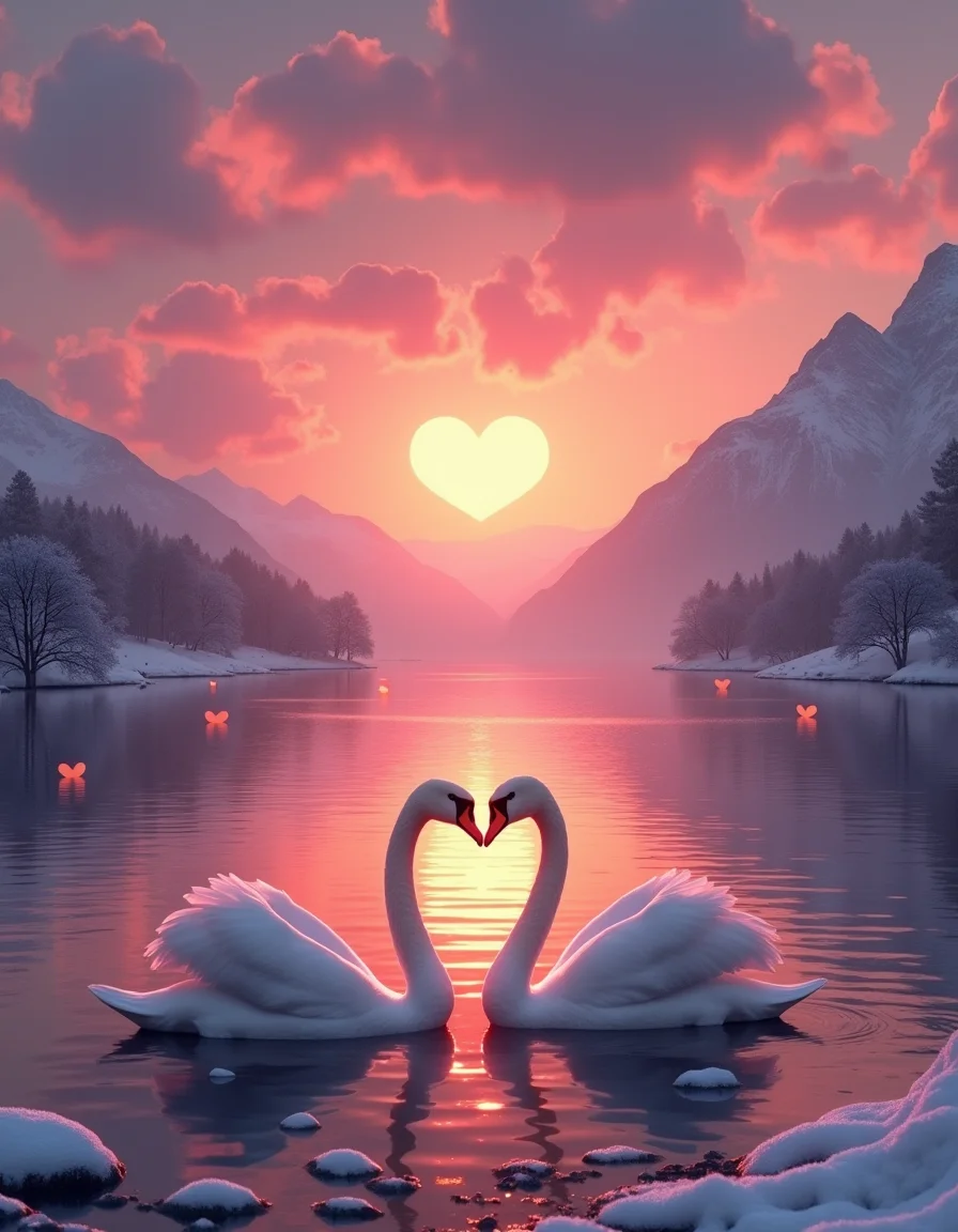 valentines day, heart sunset, pink clouds, swans, snowy mountains in background