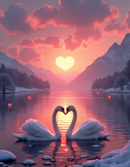 valentines day, heart sunset, pink clouds, swans, snowy mountains in background