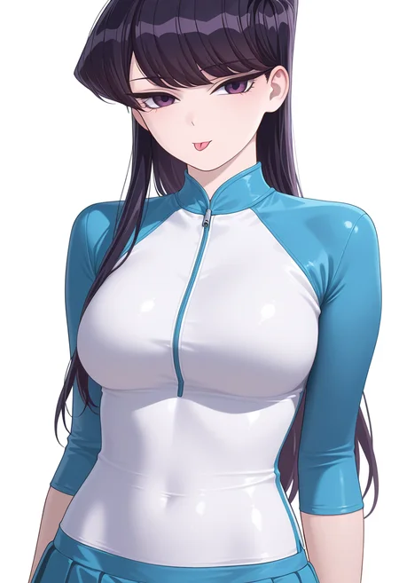 Smooth Quality,masterpiece,very intricate, high quality details, ultra realistic, high detailed skin,detailed enviorement,
simple background, white background,front view,;p,
 pleated skirt,,rash guard,  ,cheongsam top,  , <lora:Komi_Shouko_cnn:0.8> komi shouko, 1girl,black hair, long hair, bangs, purple eyes,