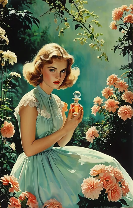 masterpiece,best quality,<lora:tbh370-sdxl:0.6>,illustration,style of Milton H. Greene A bottle of perfume in garden