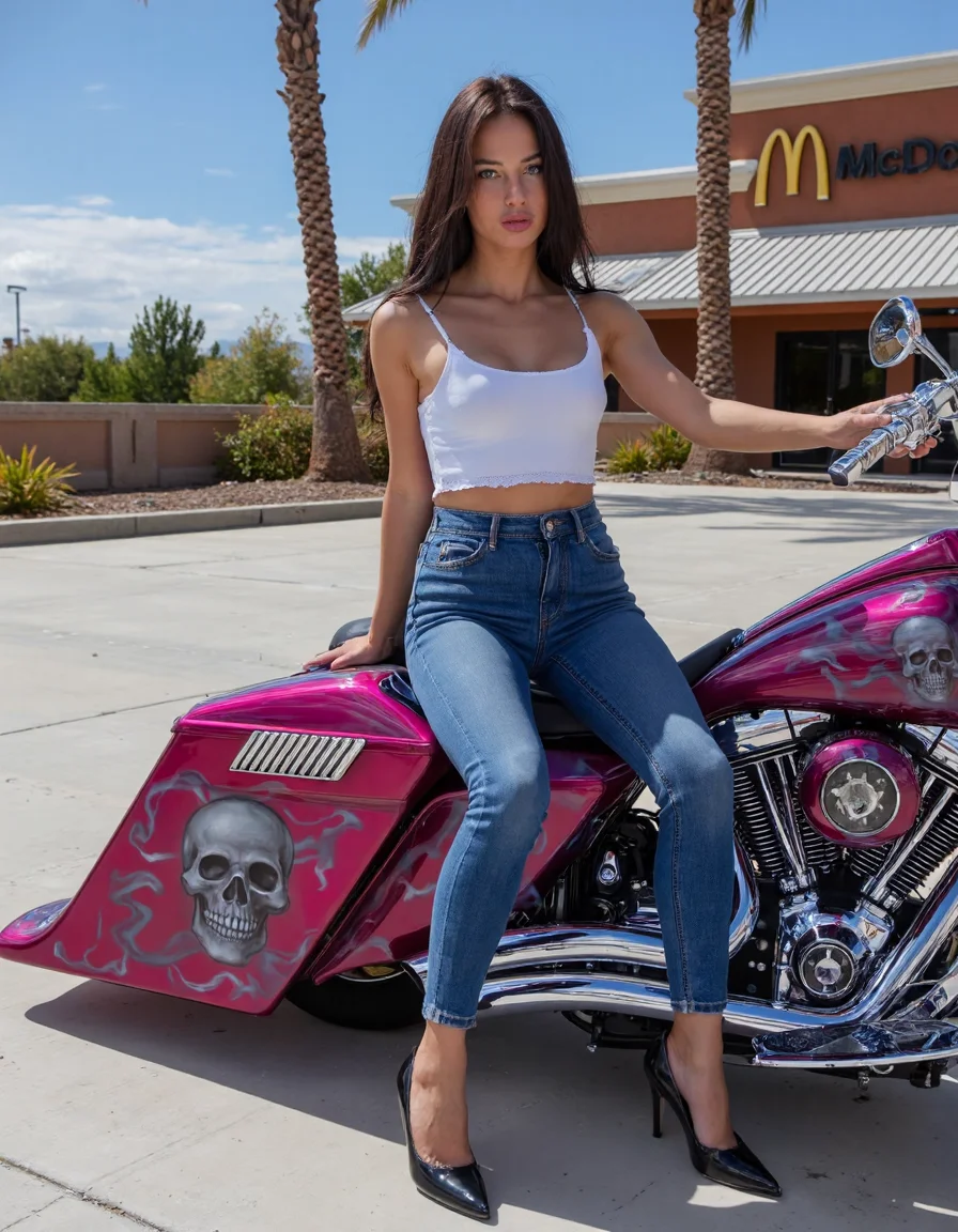A side view shot of the HD_Ch0pp3r, a fully customized Harley Davidson chopper finished in electric pink with silver skull airbrushing, parked on a sunlit suburban driveway in front of McDonalds restaurant. A beautiful woman sits on the HD_Ch0pp3râs stretched saddlebag, dressed in blue jeans and a tight white tank top and black high heels. The chrome pipes and vibrant pink paint of the HD_Ch0pp3r shimmer under the natural daylight, reflecting her silhouette.