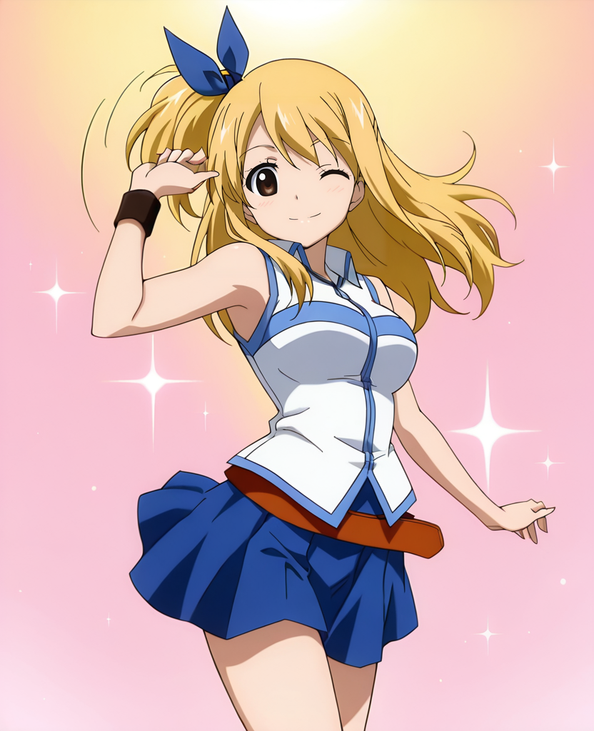 (masterpiece), (best quality), absurdres, highres, <lora:Lucy_Heartfilia_ILLUS:1> , lh1, bracelet, 1girl, solo, long hair, skirt, blonde hair, brown eyes, hair ribbon, belt, one side up, looking at viewer, smile, arm up, hair toss, floating hair, blush, one eye closed,