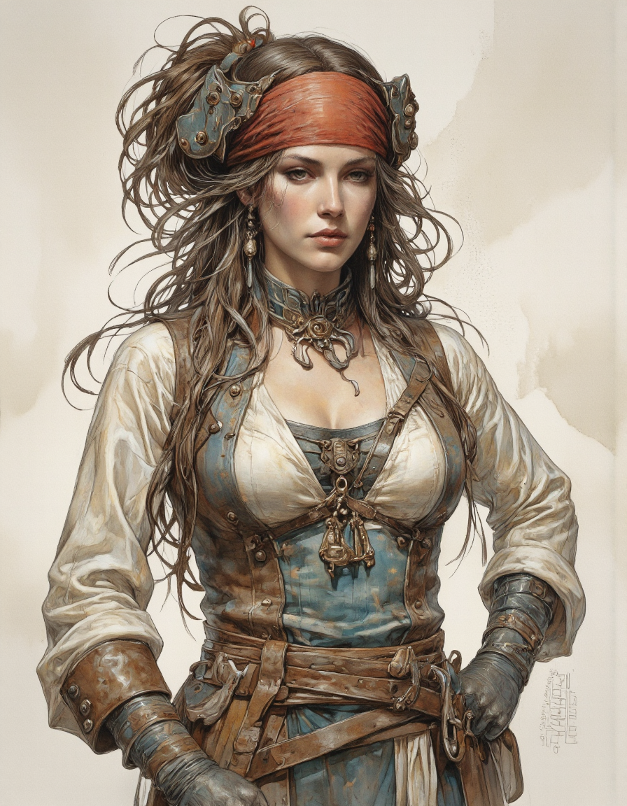 Anime CRABDM style.
A digital drawing featuring a solo focus, vintage illustration of a sexy female pirate, heroic fantasy
