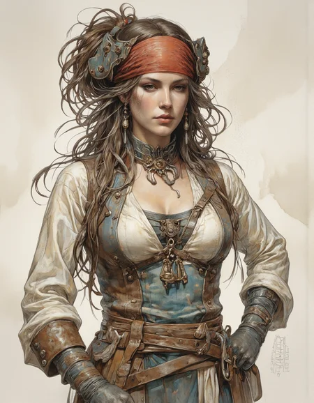 Anime CRABDM style.
A digital drawing featuring a solo focus, vintage illustration of a sexy female pirate, heroic fantasy